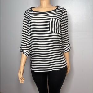 LOFT Black and White Striped Long Sleeve Top